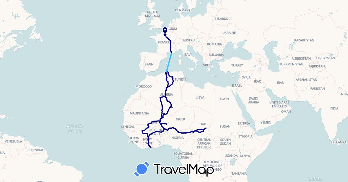 TravelMap itinerary: driving, boat, chameau in Burkina Faso, Côte d'Ivoire, Cameroon, Algeria, France, Mali, Niger, Nigeria, Chad (Africa, Europe)